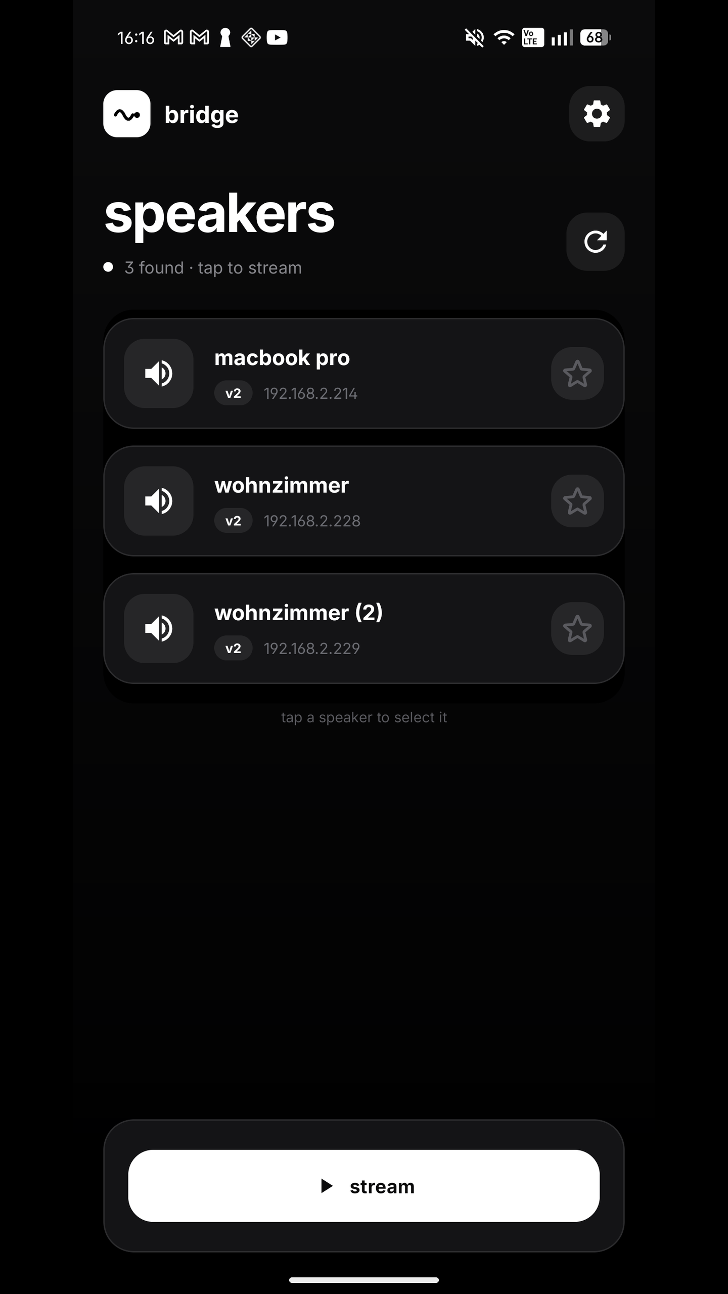 Actual Bridge Audio app showing three discovered AirPlay receivers
