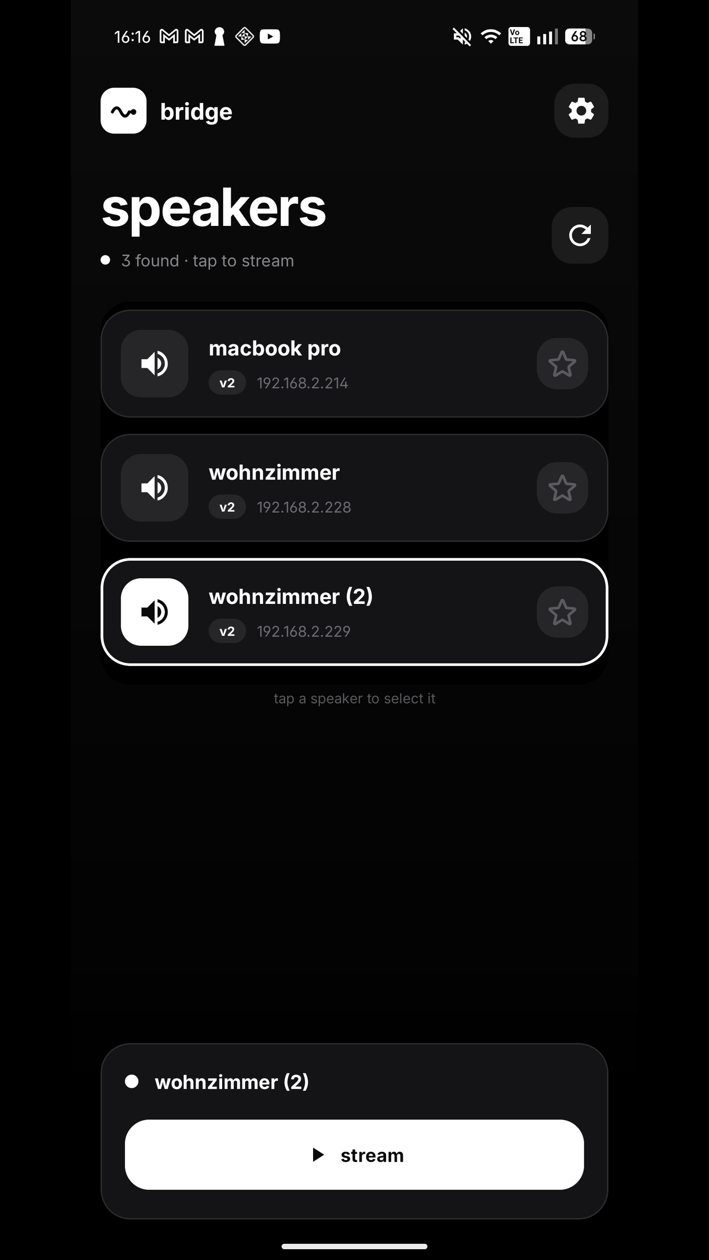 Bridge Audio on Android with an AirPlay speaker selected and the stream button ready